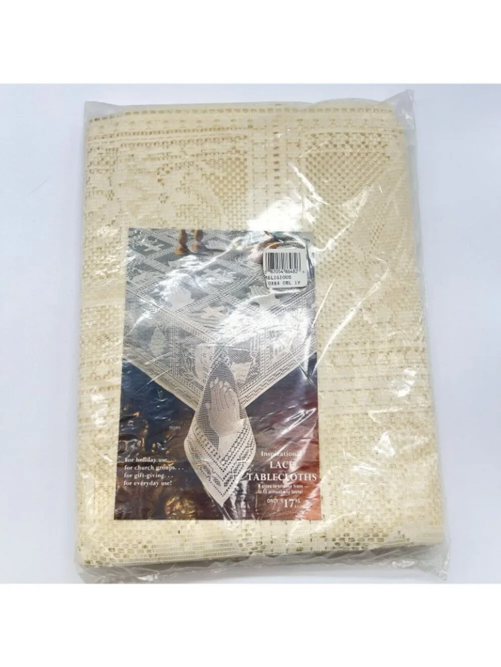 Religious Lace Tablecloth Ivory Oblong 60” X 84” Church Bible Cross Pray NWT VTG